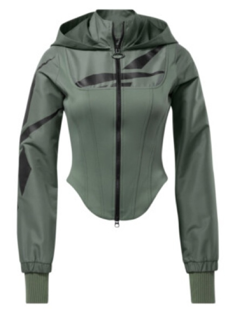 Cardi x Reebok Olive Green Hooded Zip Bomber Jacket with Black Accents